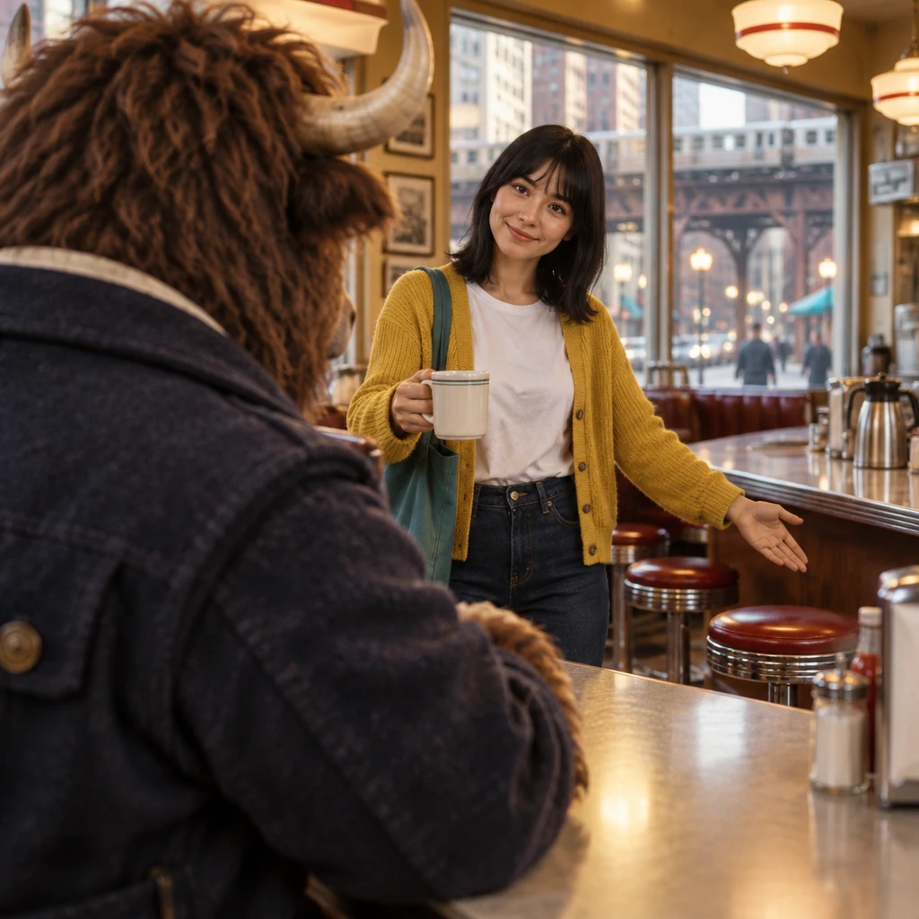 Ana offers Murray a fresh mug of coffee and gestures toward an empty stool.
