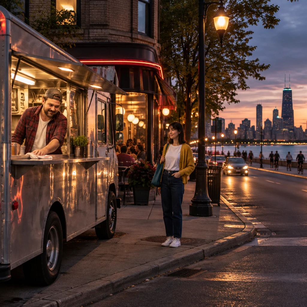 Danny wipes the food-truck shelf while Ana waits on the boulevard sidewalk.