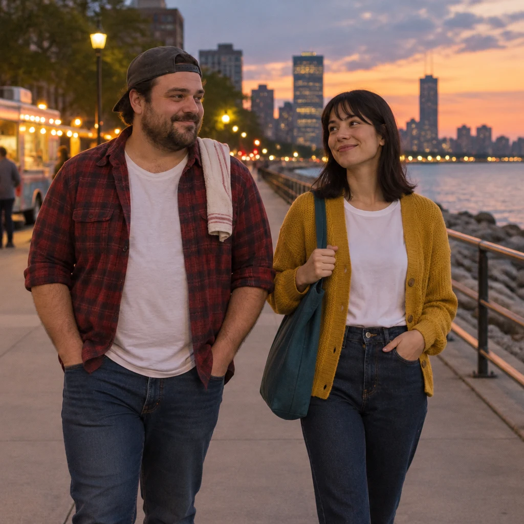 Danny and Ana walk together toward the lakefront path, sharing a calm moment.