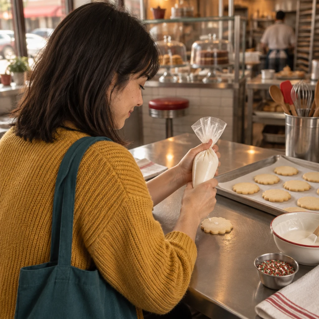 Ana grips the icing bag over a cookie as she begins her first attempt.