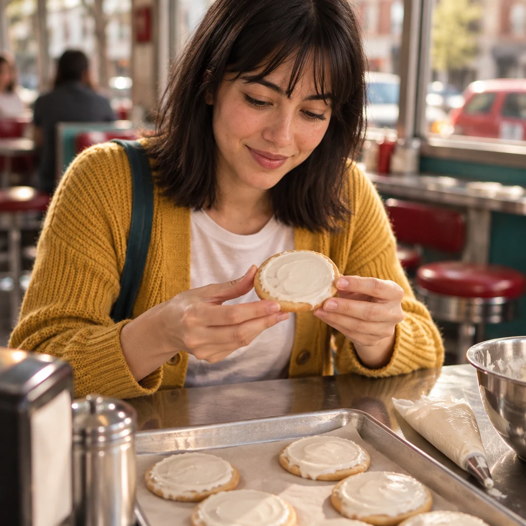 Ana lifts an iced cookie with both hands to inspect it.