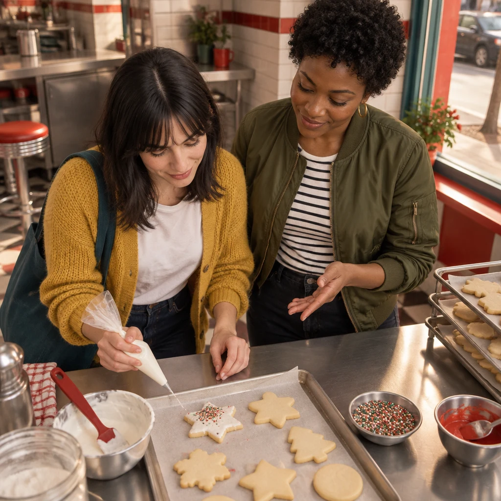Ana examines uneven icing while Tasha encourages her to keep practicing.