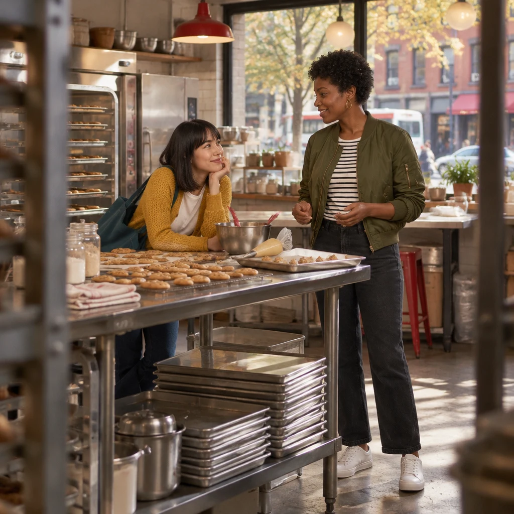 Ana remains at the table among many cookies as Tasha checks how long she has been baking.