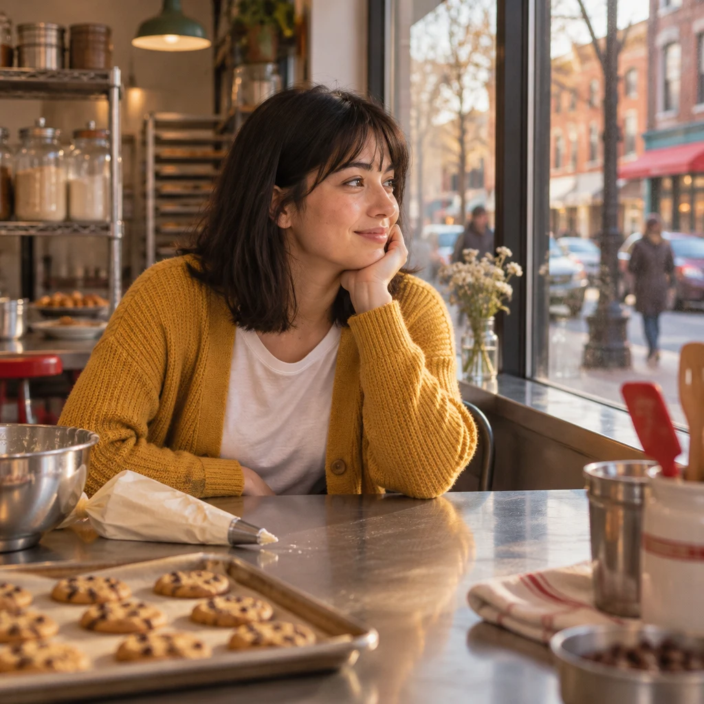 Ana sets down the piping bag and turns toward the bright, busy window during a free moment.