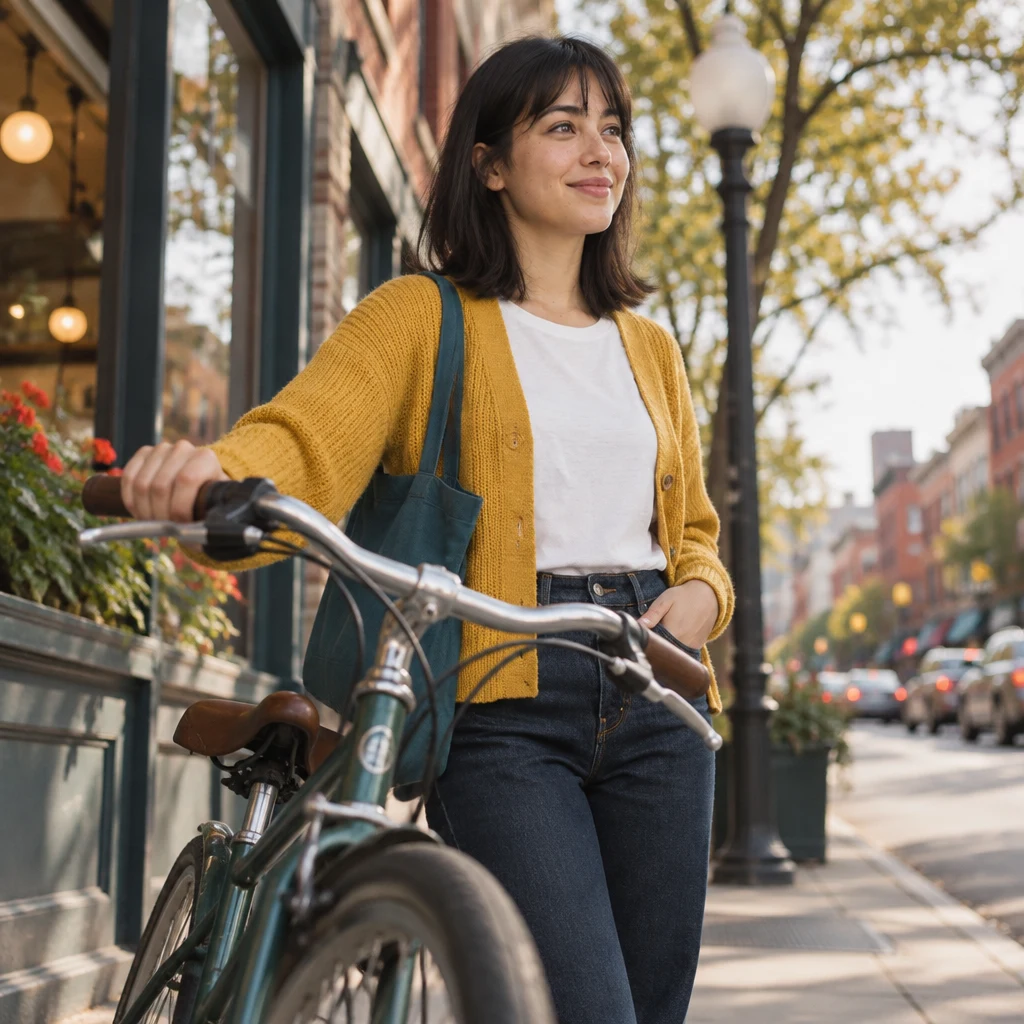 Ana pauses beside her bicycle on Milwaukee Avenue during a relaxed weekend afternoon.