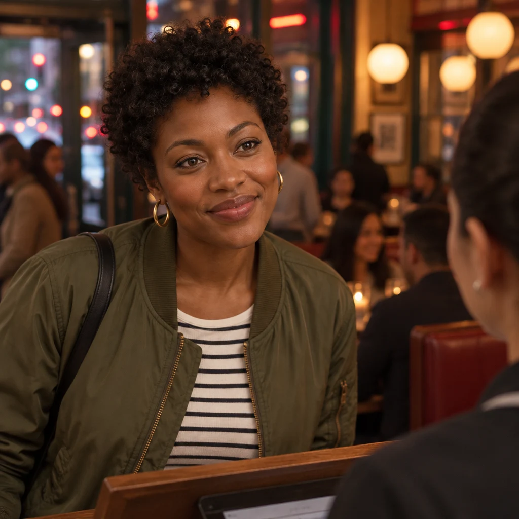 Tasha checks with the host to see whether a table is free now.