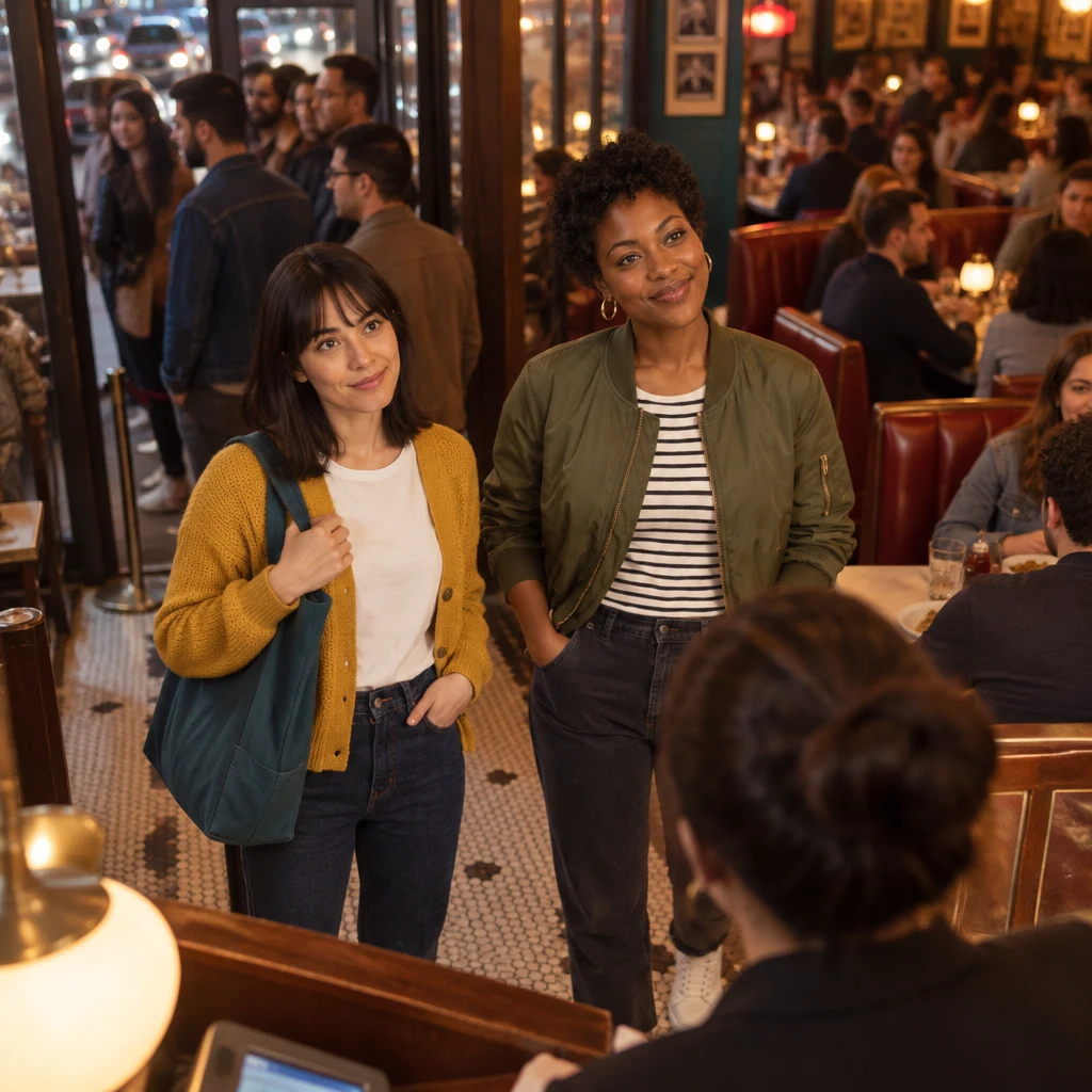 Ana asks how long the wait will be as she and Tasha look toward the line.