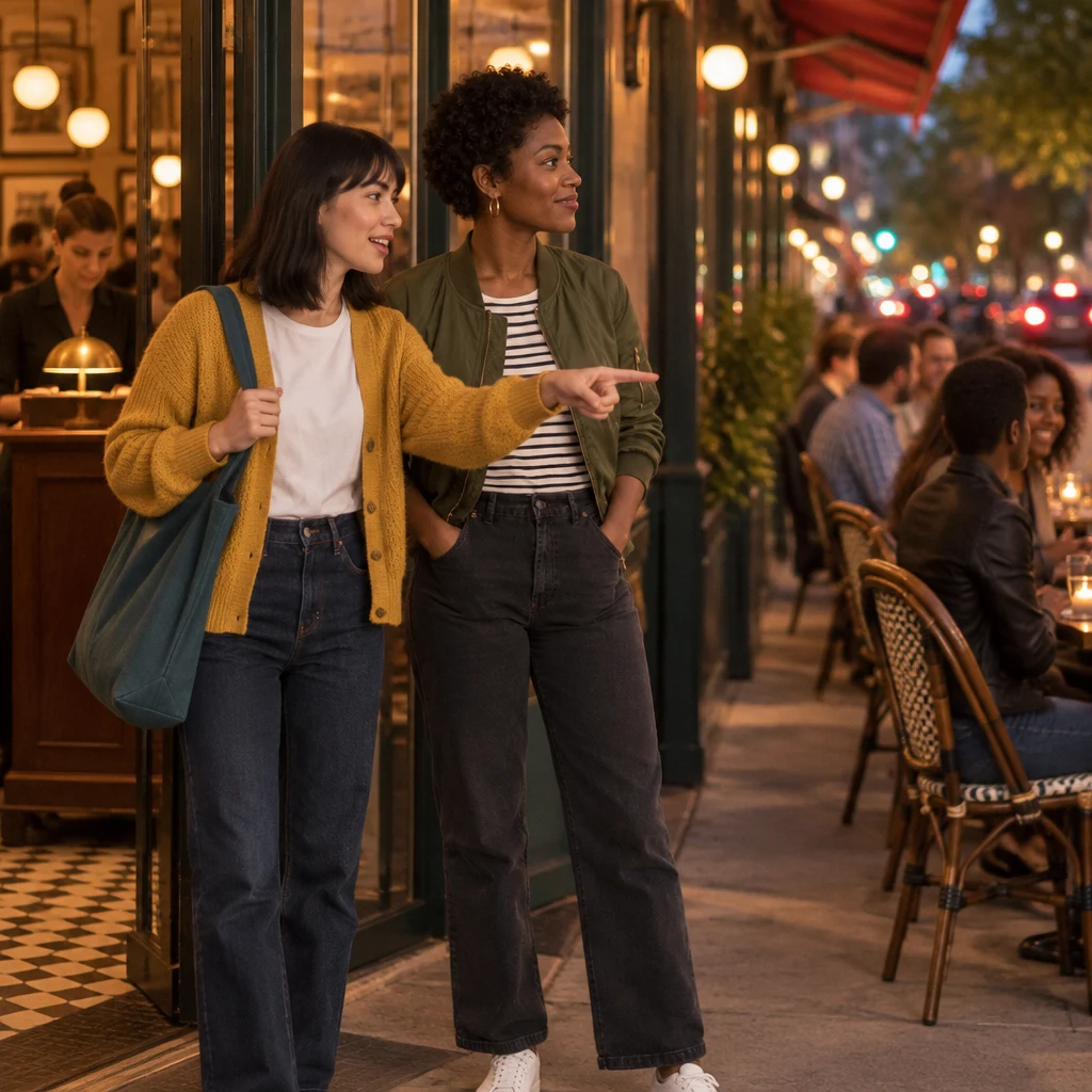 Ana asks whether they can use a sidewalk table and points toward the occupied tables.