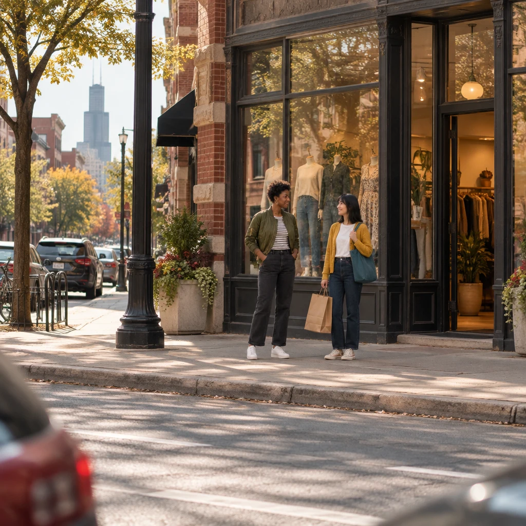 Tasha and Ana meet outside a clothing shop, and Ana carries a shopping bag.