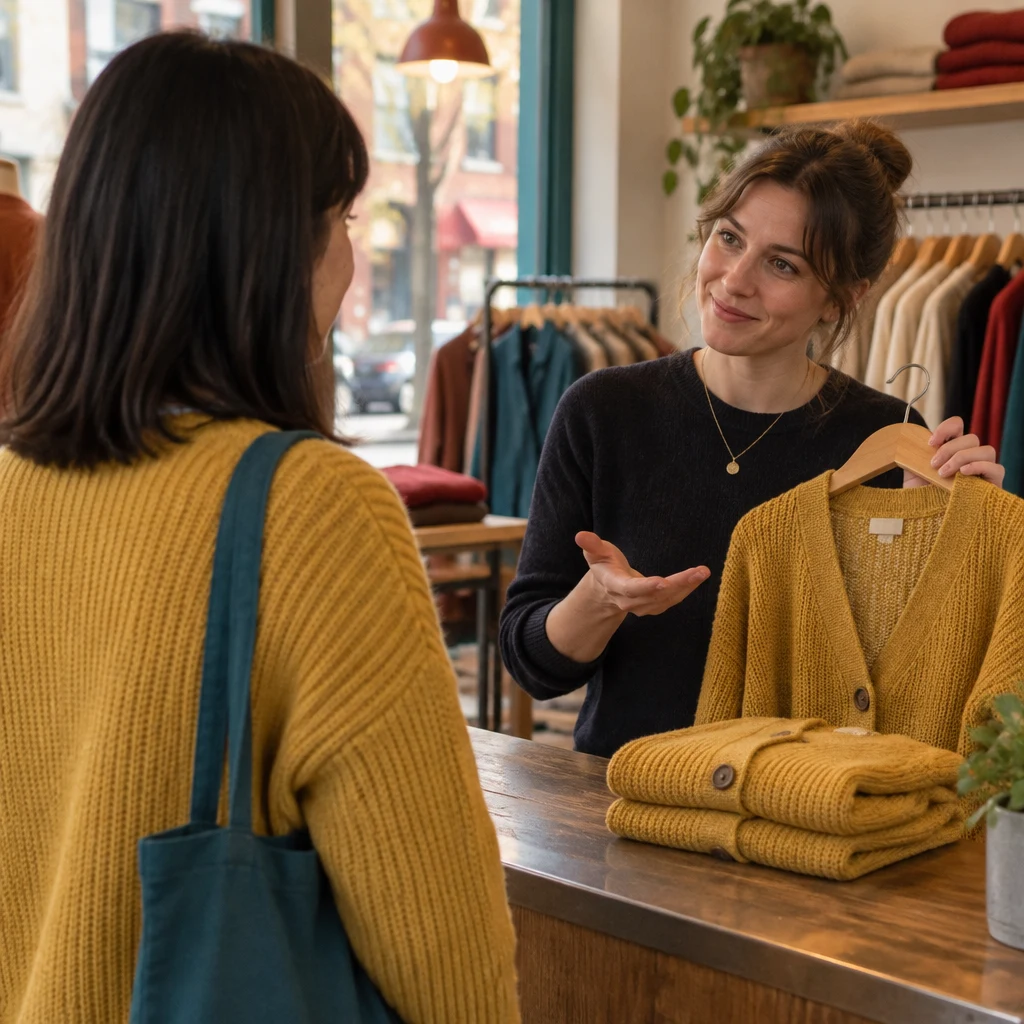 The clerk gestures toward another size while Ana asks about the shop’s return rules.