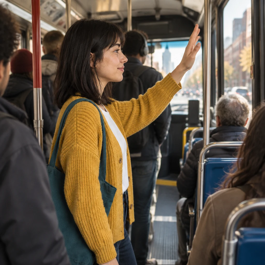 Ana raises a hand to tell the driver and nearby riders which stop she needs.