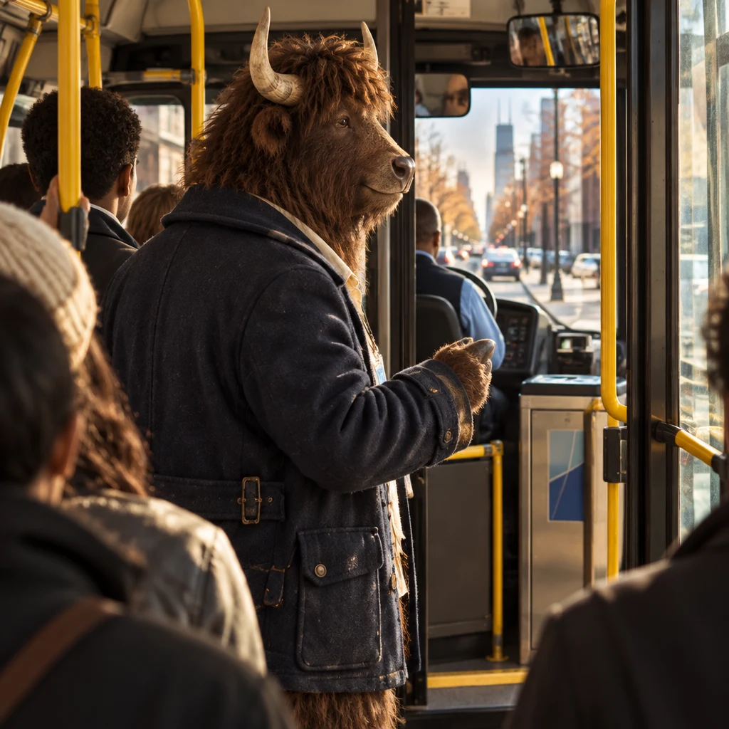 Murray leans toward the bus front to ask to get off at the coming stop.