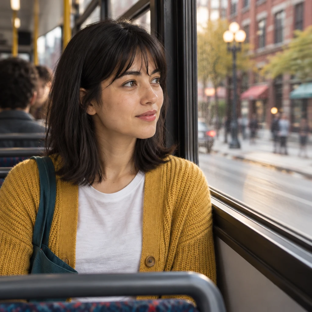 Ana looks through the window at the curb the bus has already passed.