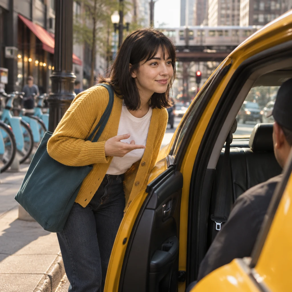 Ana leans toward the taxi driver at the open rear door to request a ride to a place.