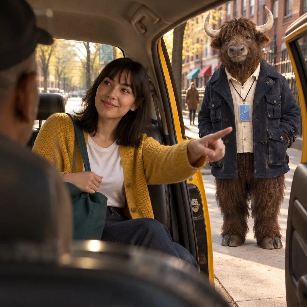 From behind the driver, Ana indicates her neighborhood as the destination while Murray waits outside beside the open rear door.