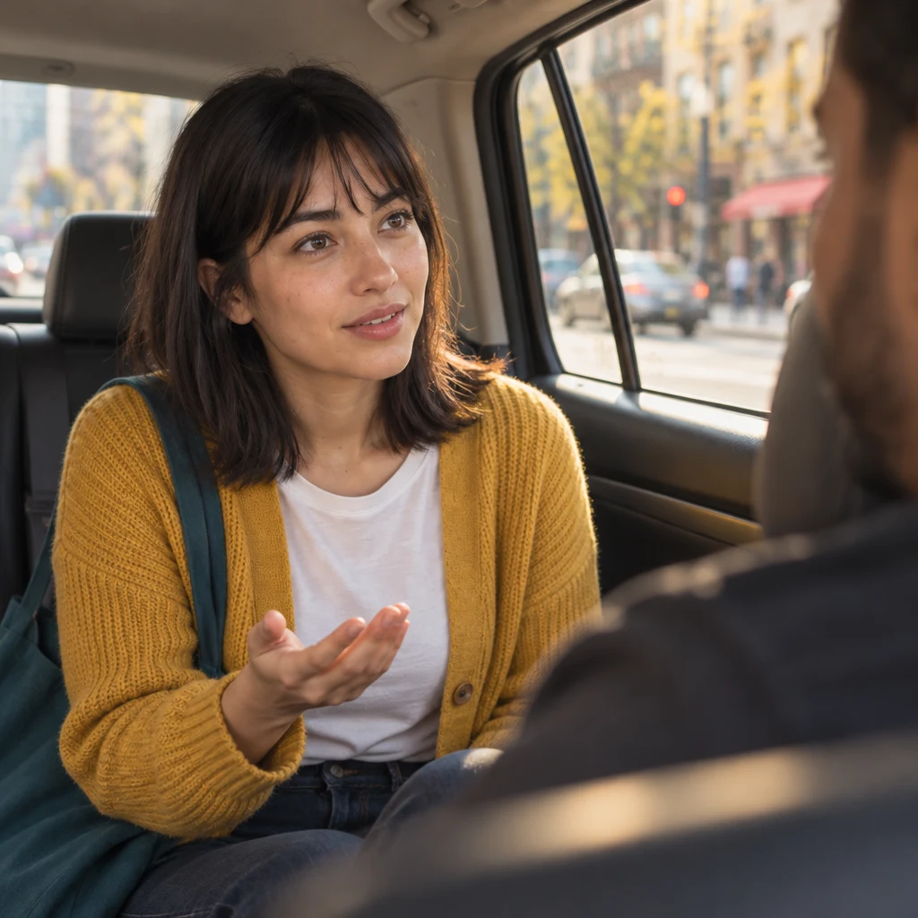 Ana turns toward the driver with a questioning expression to ask how many minutes the ride will take.