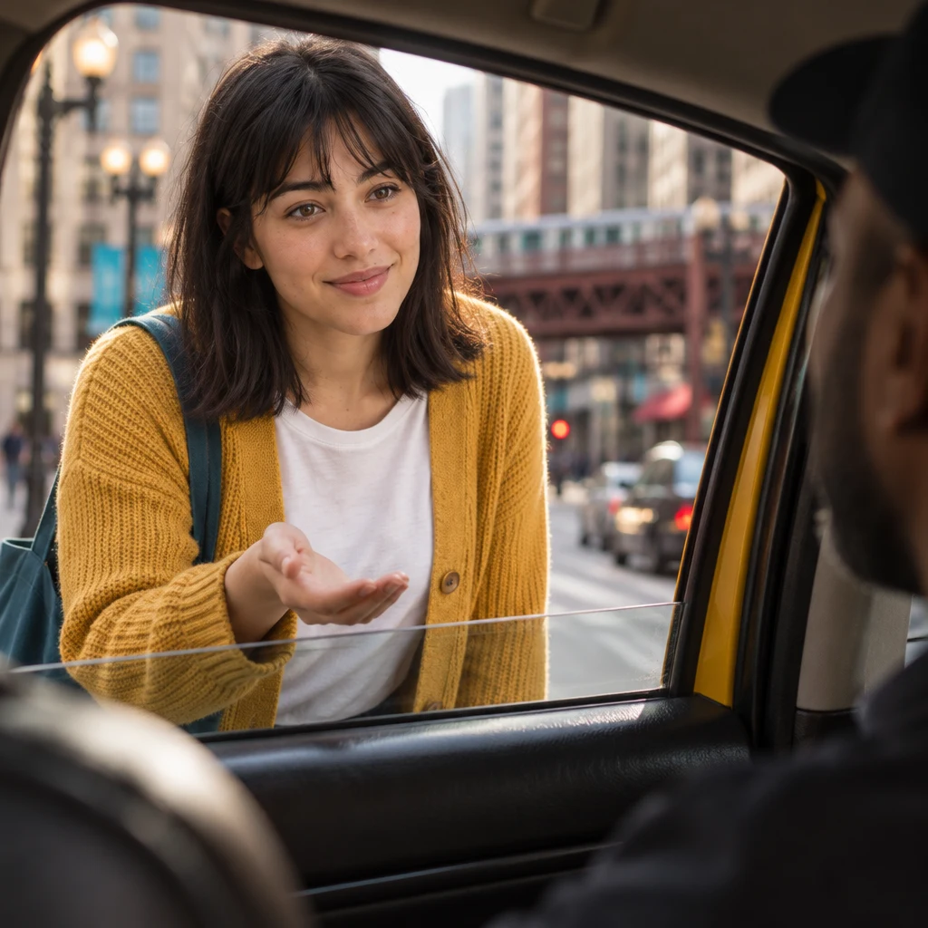 Ana holds an open palm toward the driver while asking what the ride will cost.