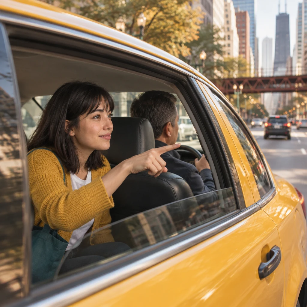 In profile inside the taxi, Ana points along the boulevard while asking the driver to take the quickest way.