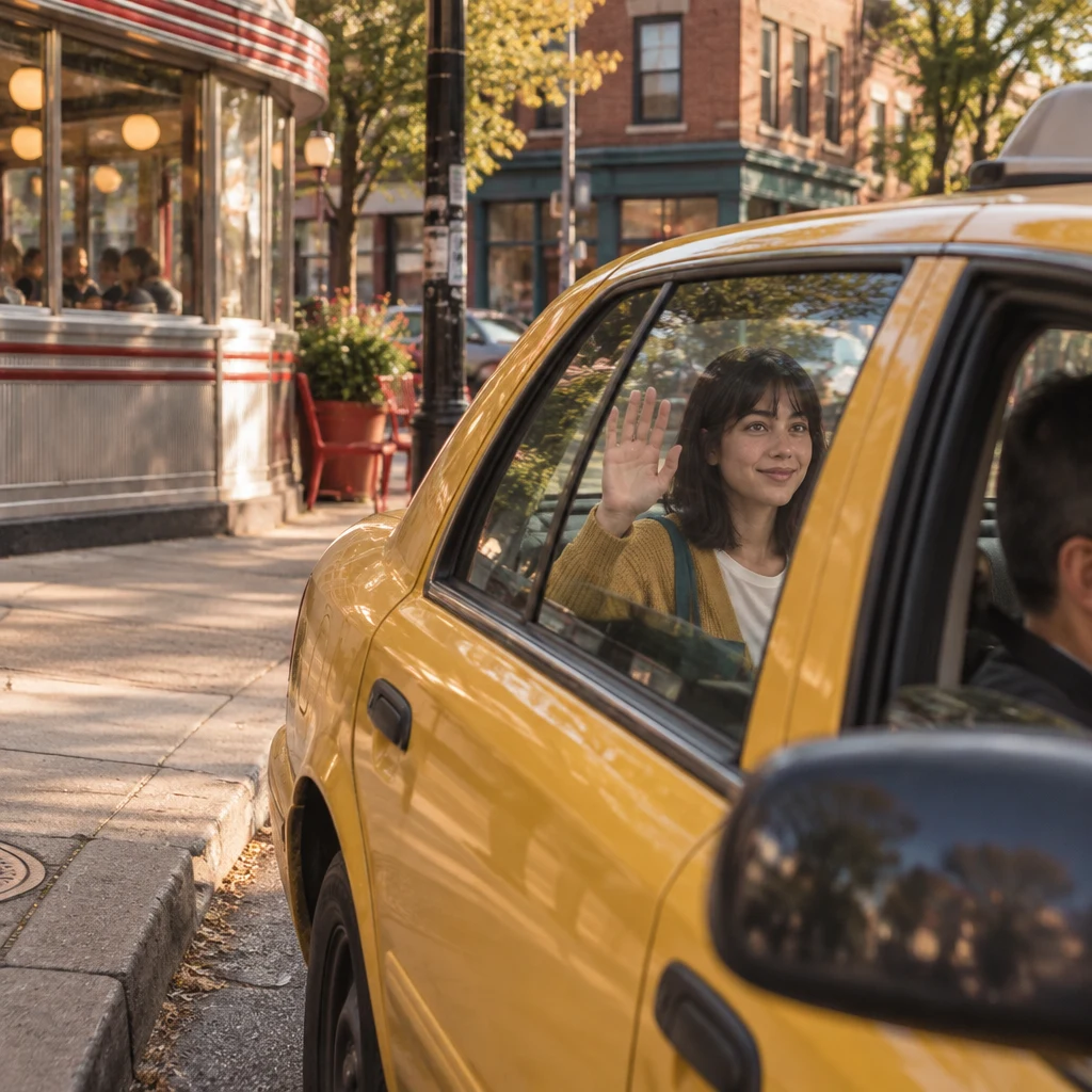 At the Logan Square corner, Ana signals the driver to pull over beside a diner.