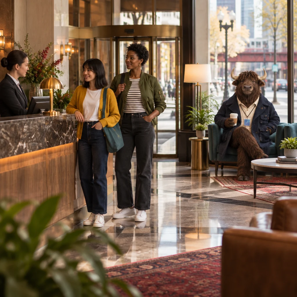 Ana and Tasha arrive at the hotel desk with their bags while Murray sits by the window with a paper cup.