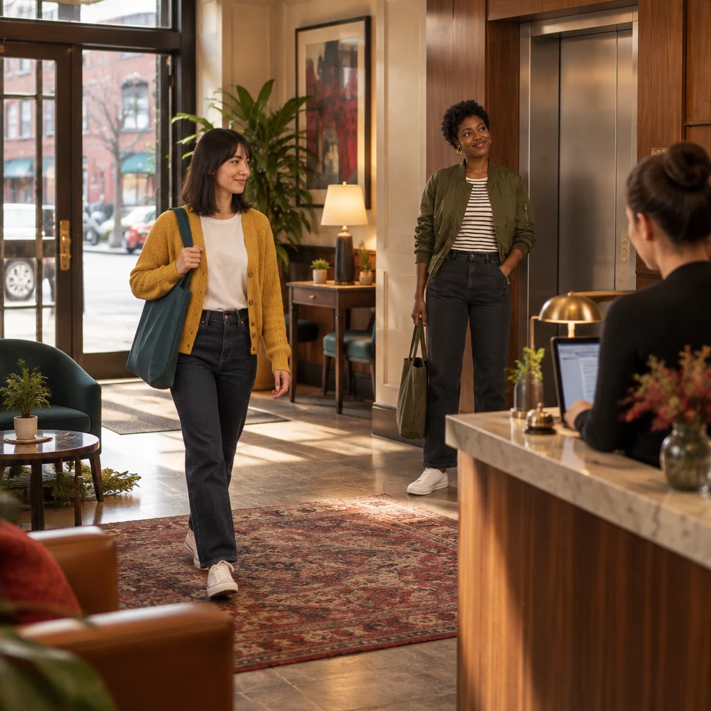 Ana walks to the hotel desk while Tasha waits by the elevator with her tote bag.