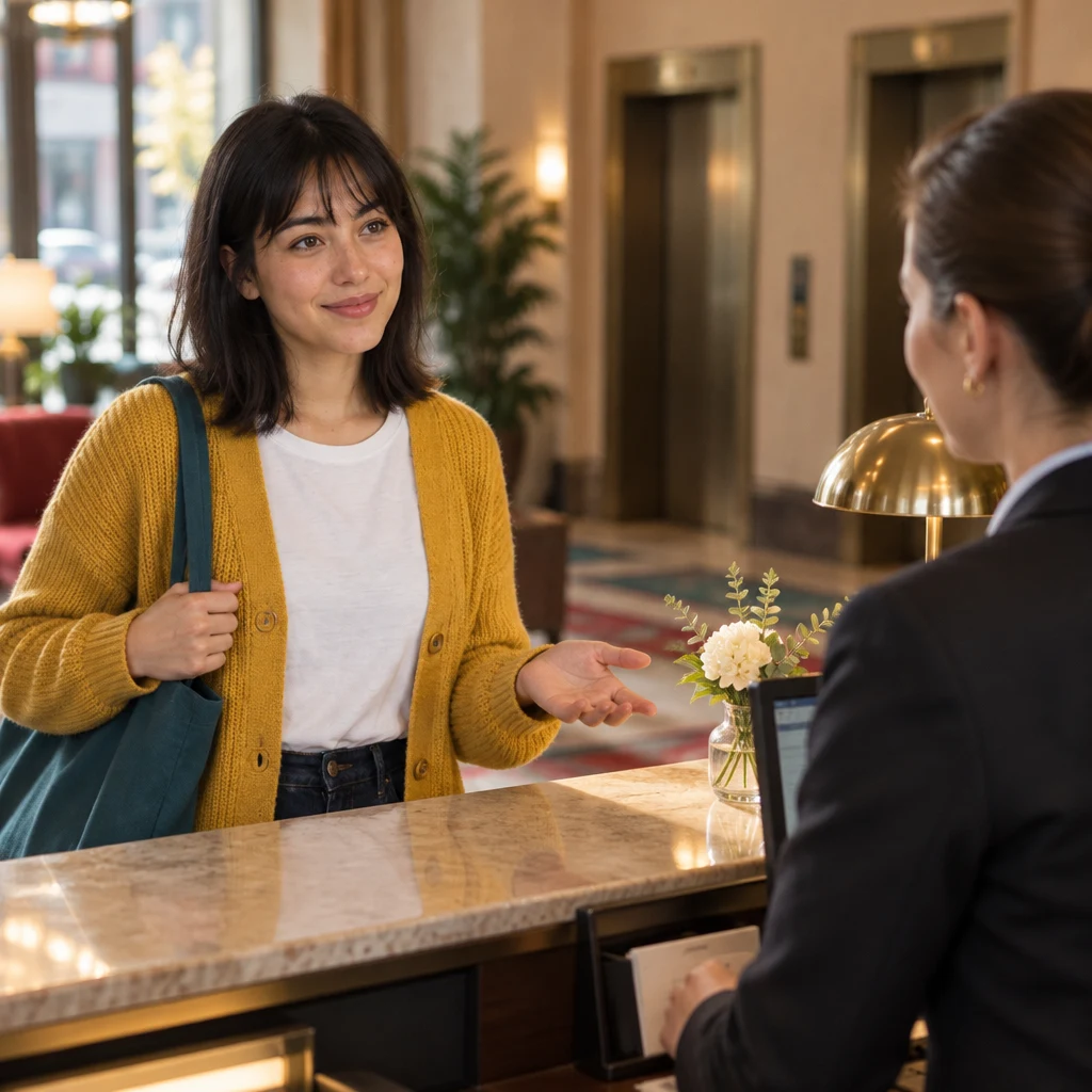 Ana politely asks the hotel clerk to move her to a different room.