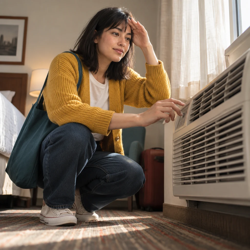 Ana checks the air conditioner that will not make the room cool.