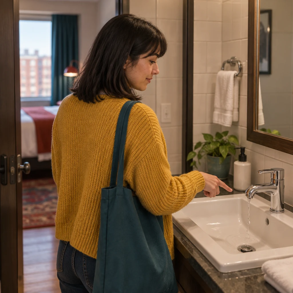 Ana points out the dripping bathroom faucet as a problem in the room.