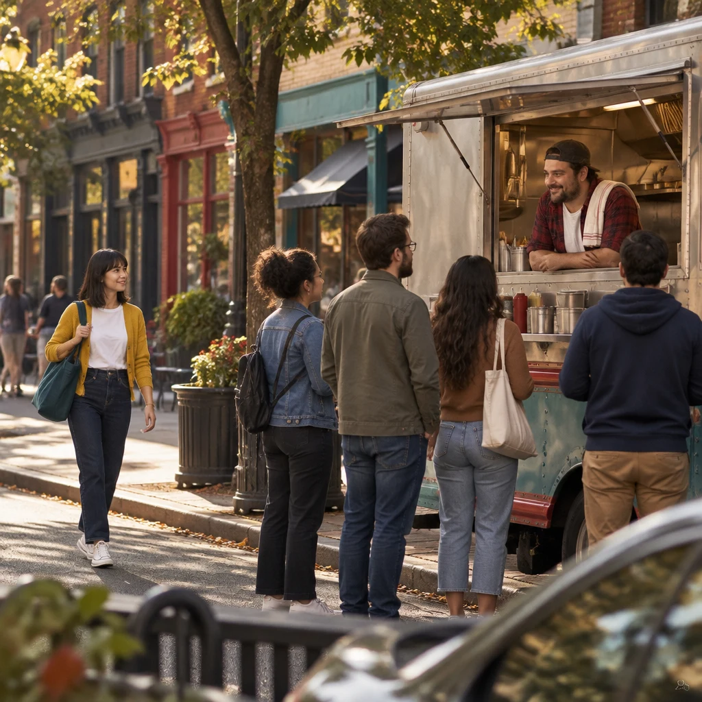 Ana walks toward Danny’s parked food truck as a short line waits on the boulevard sidewalk.