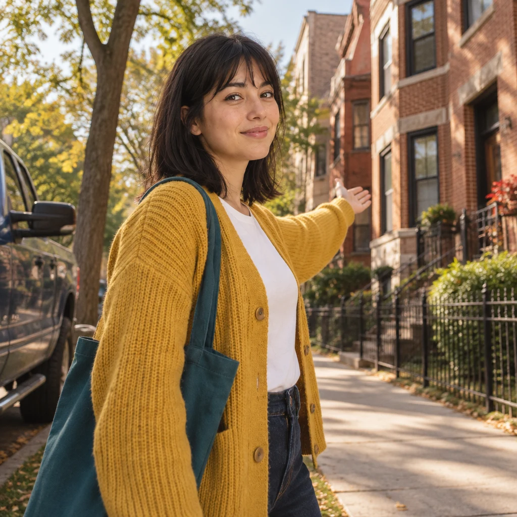 Ana gestures toward the nearby buildings as she explains that her home is in the area.
