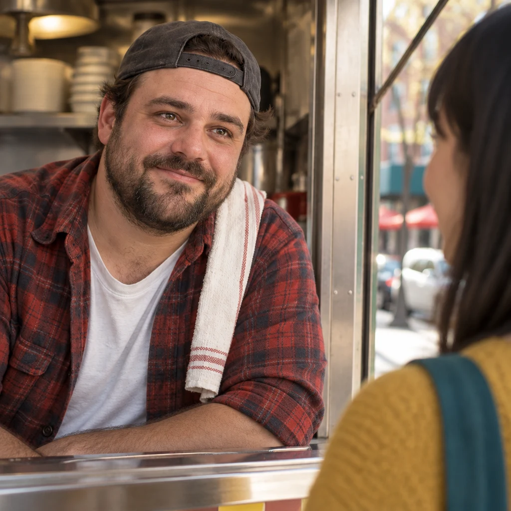 Danny looks curious as he asks why Ana came to the food truck.