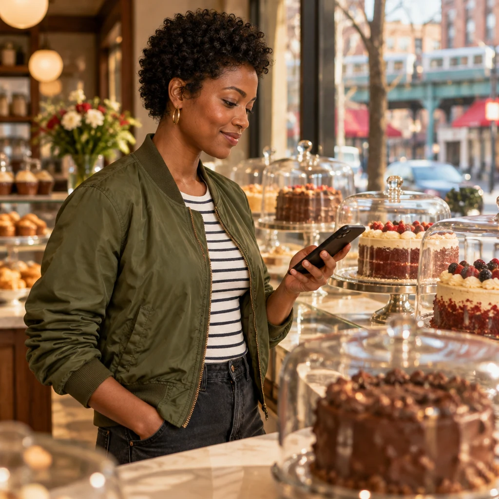 Tasha checks her phone between the bakery cake displays before trying to reach Ana again.