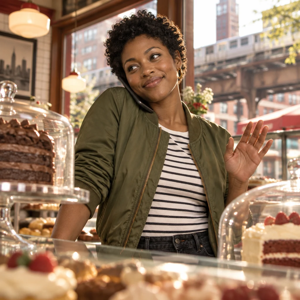 Tasha listens on the phone and lifts a patient wait gesture beside the cakes.