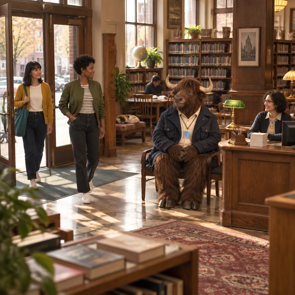 Ana and Tasha enter the library as Murray settles across two chairs and a cat sleeps near the shelves.