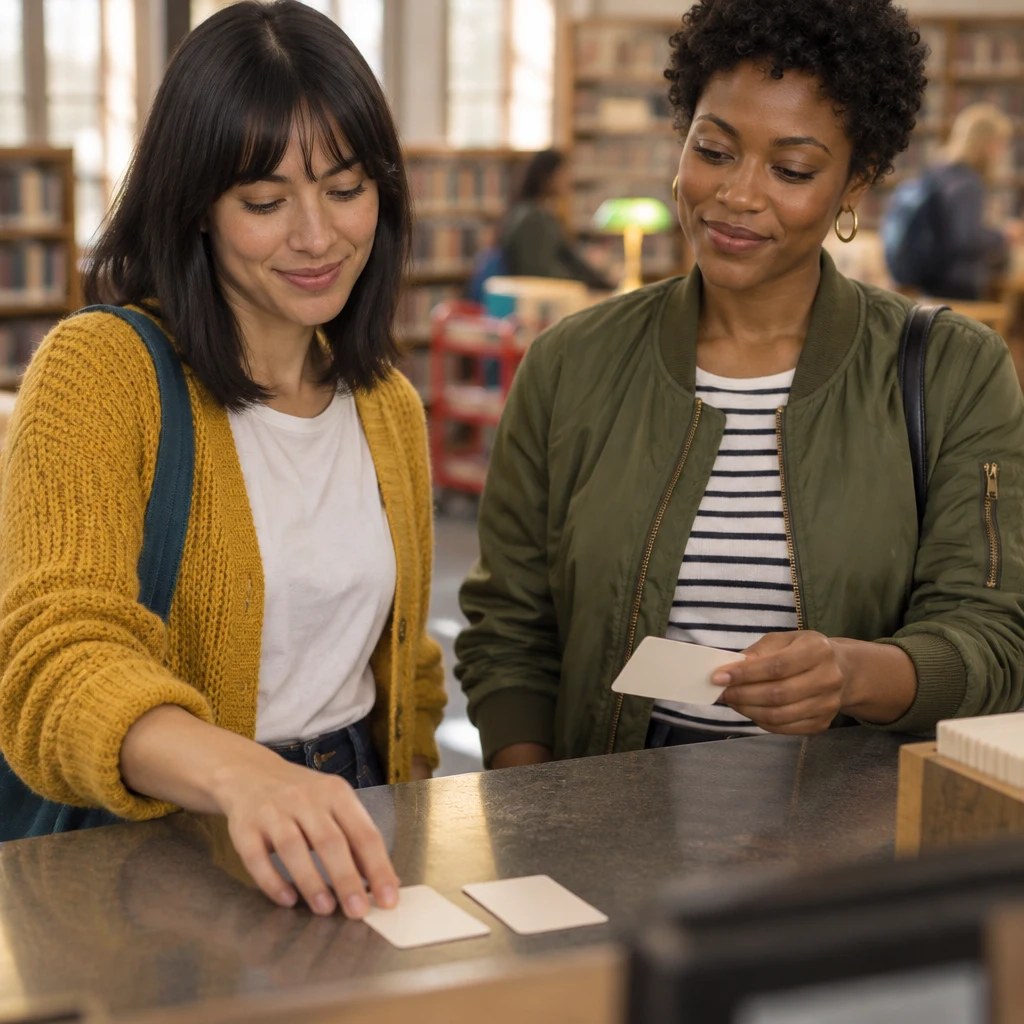 Ana reaches for ticket cards at the desk while Tasha already holds one.