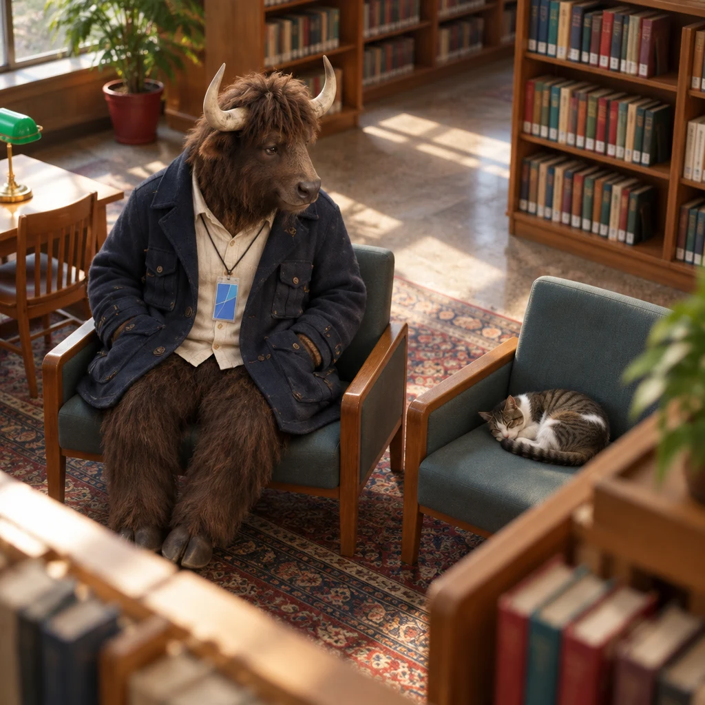 Murray looks down toward a cat sleeping on a chair beside the shelves.