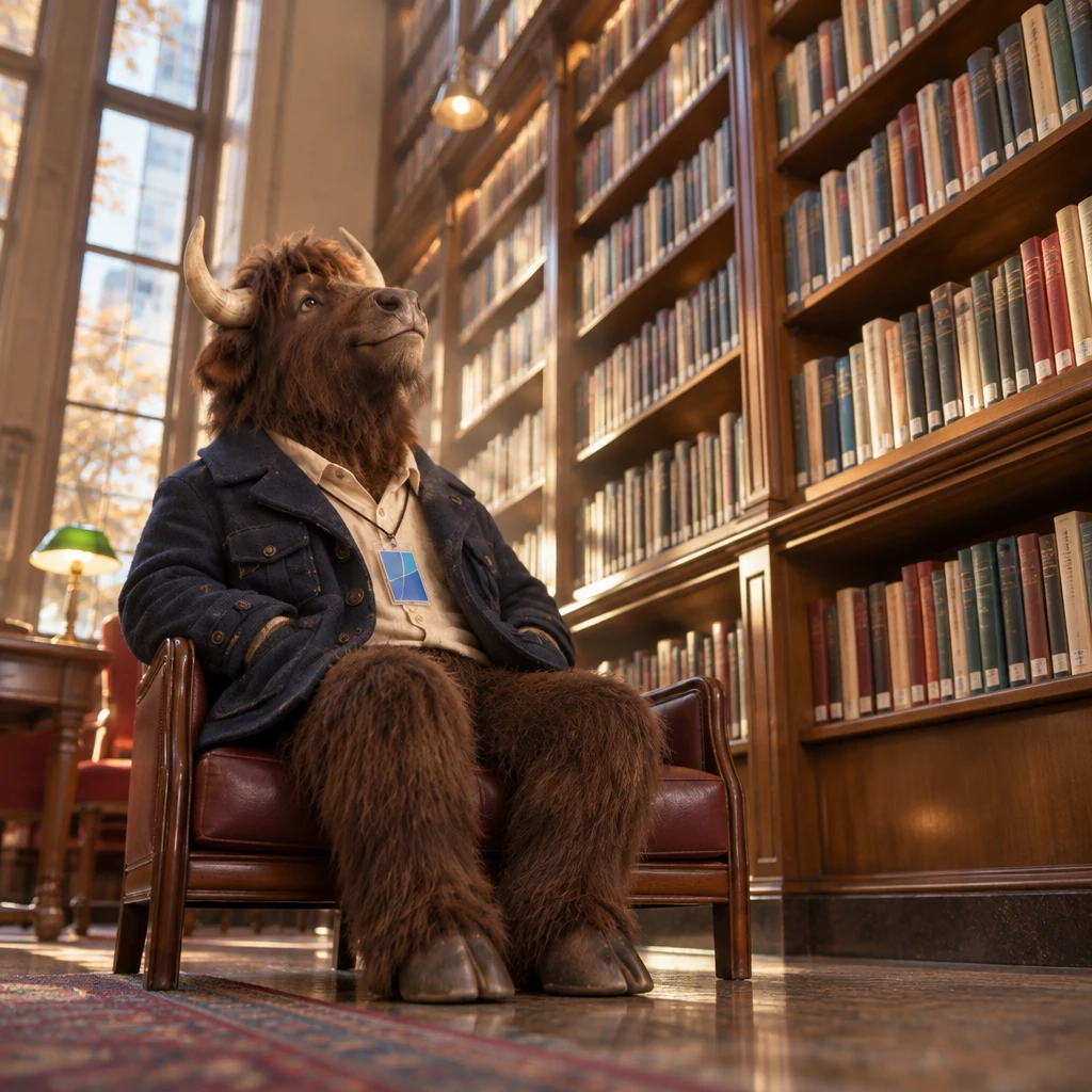 Murray sits across two chairs and looks up at the many books on the shelves.