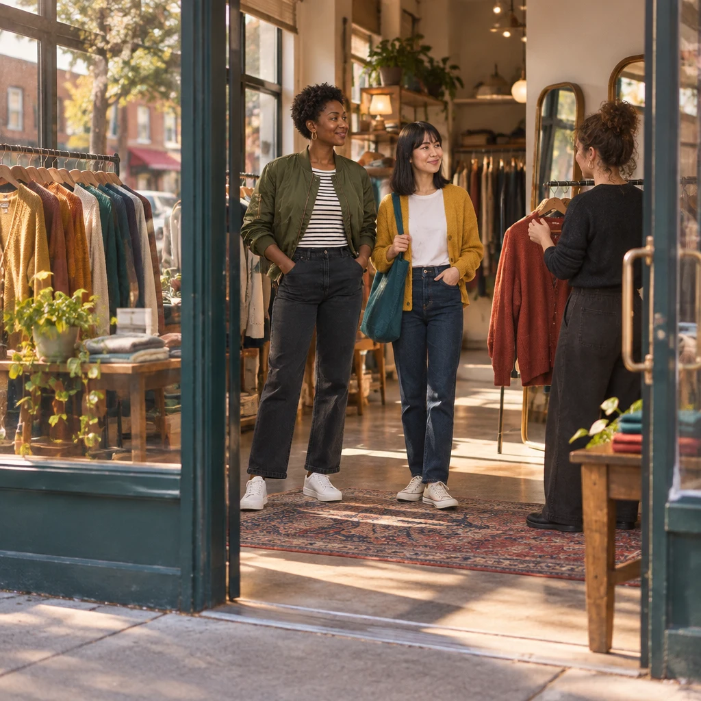 Tasha and Ana pause just inside the small clothing shop as the clerk waits near the mirrors.
