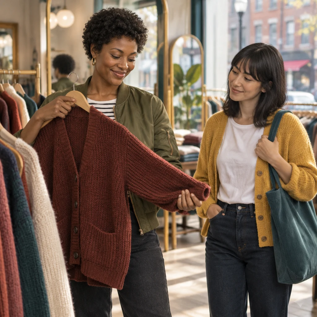 Tasha holds a thick cardigan against herself while Ana looks on.
