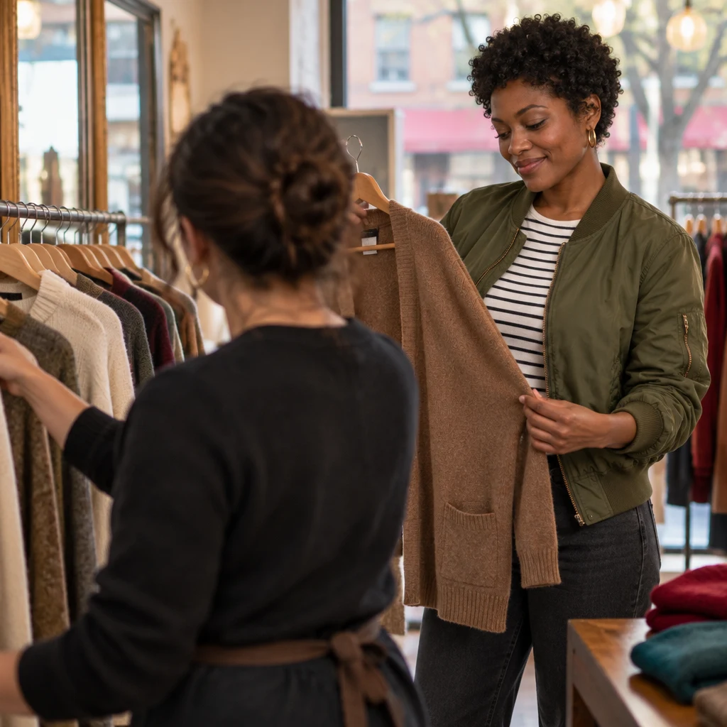 Tasha presents the cardigan to the clerk while considering another size.