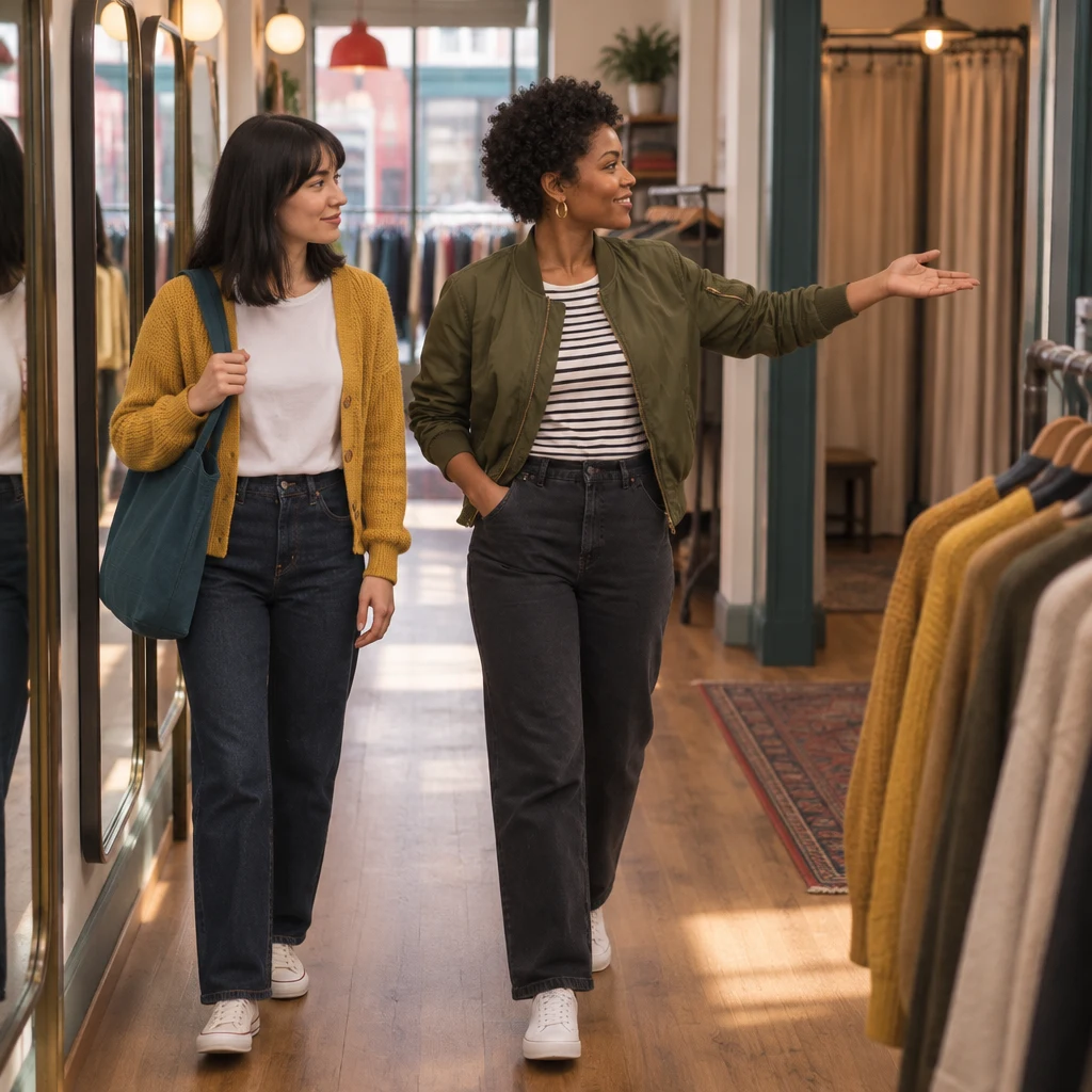 Tasha points Ana toward the fitting room at the back of the shop.