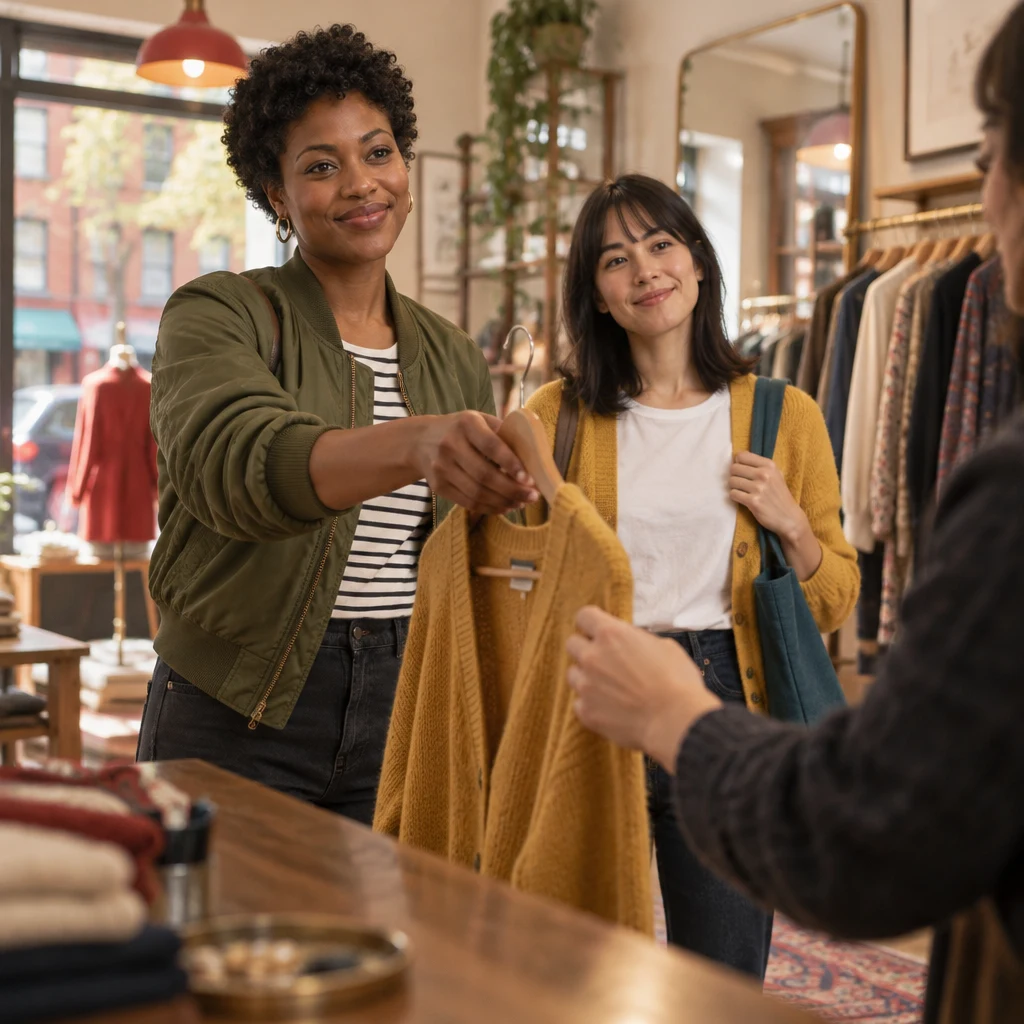 Tasha passes the cardigan toward the clerk as Ana waits nearby for another size.