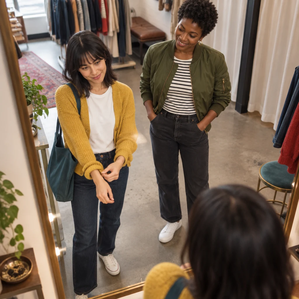 Ana checks the fit of the cardigan at the mirror while Tasha watches.