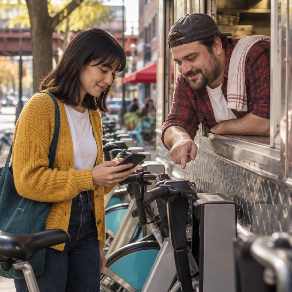 Ana asks Danny how to open the locked bike while he gestures toward her phone.