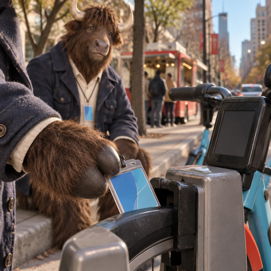 Murray holds his transit card to the locked bike, whose screen is dark.