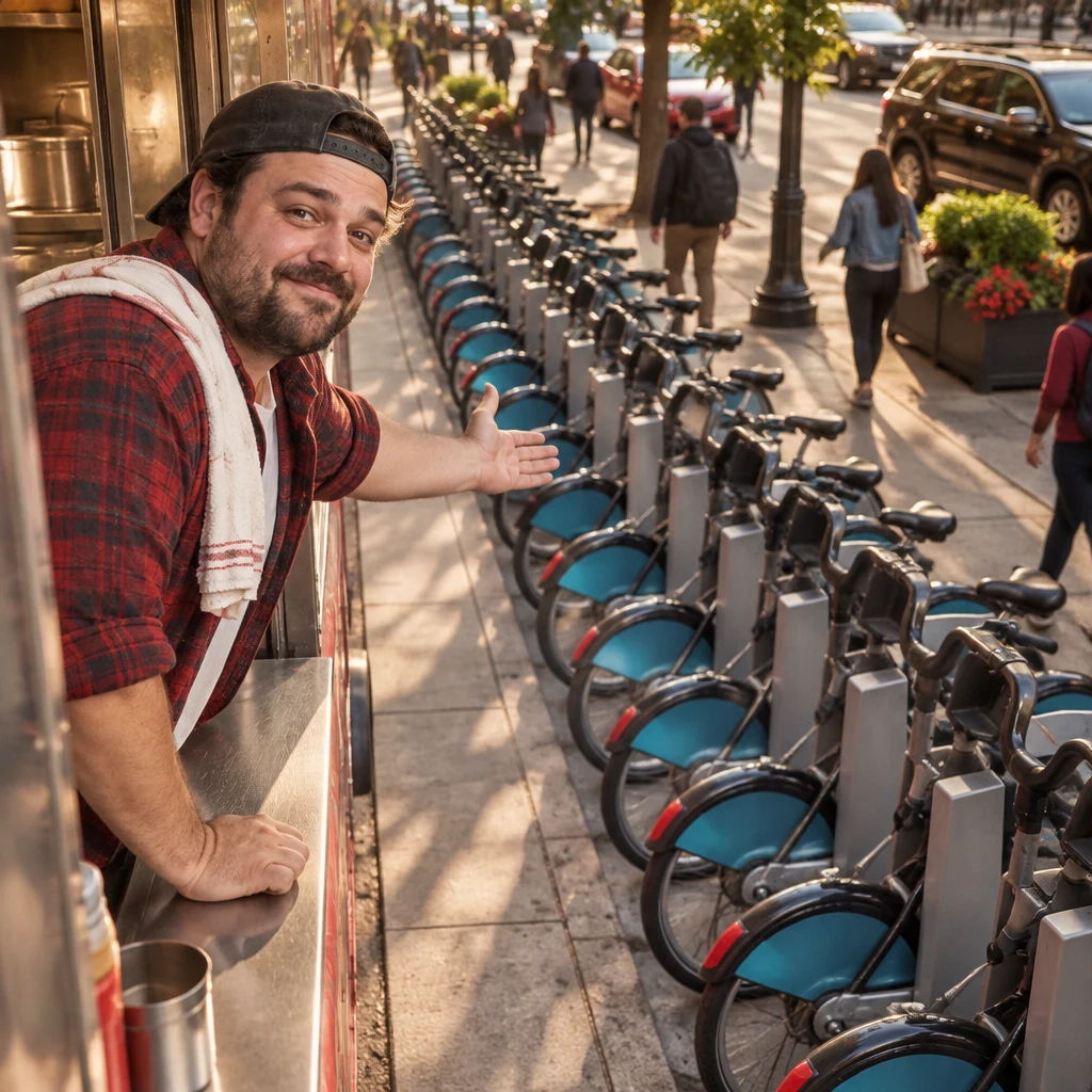 Danny looks toward the fully occupied dock with no space left for another bike.