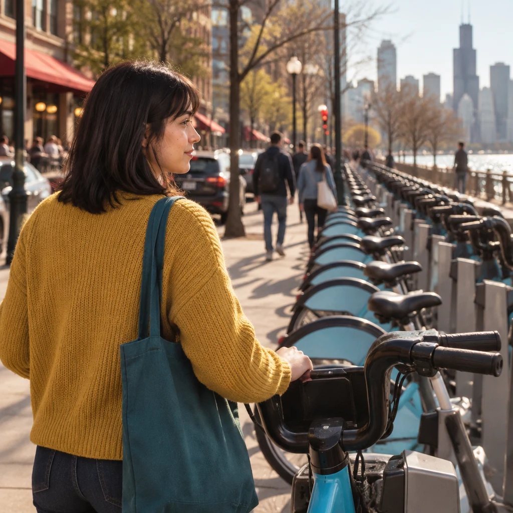 Ana looks over the full dock while standing with a bike and searching for a place to return it.