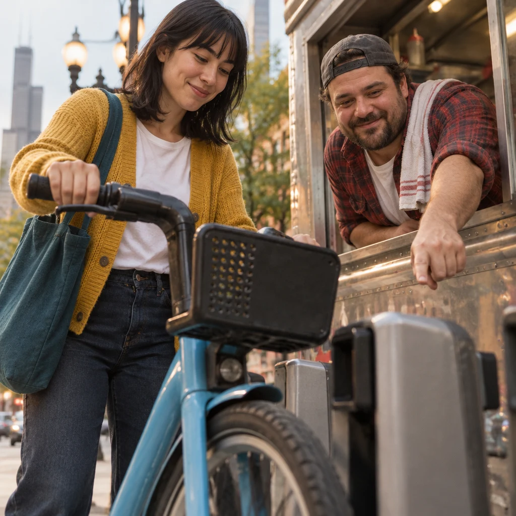 Ana asks how to return the bike as Danny gestures toward the dock’s locking point.