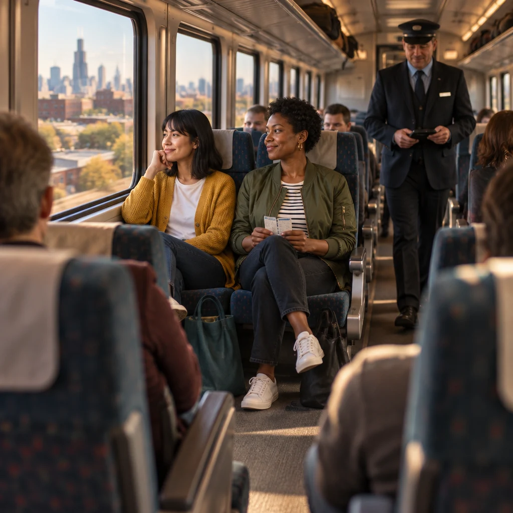 Ana and Tasha sit with their bags on a moving train as a ticket agent walks down the aisle.