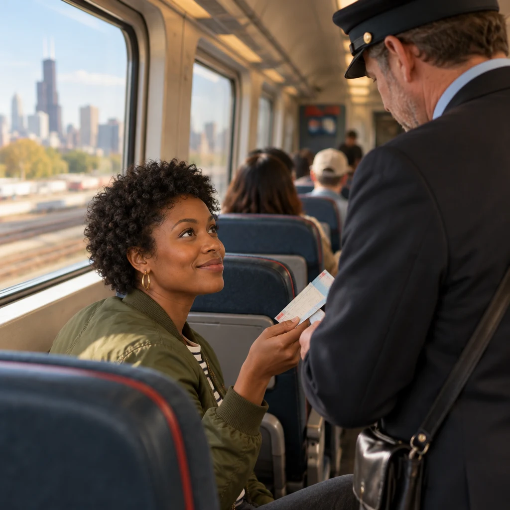 Tasha looks up from the tickets as the ticket agent pauses beside her seat.